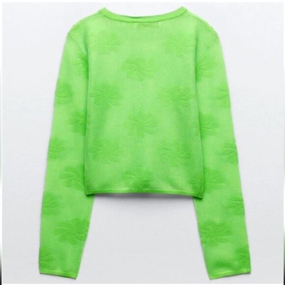 ZARA Mesh Floral Knit Metallic Effect Long Sleeve Neon Green 💚 Top NWT - Picture 8 of 11